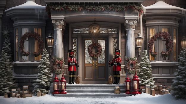 Dwóch żołnierzy stoi przed domem z świątecznymi dekoracjami.