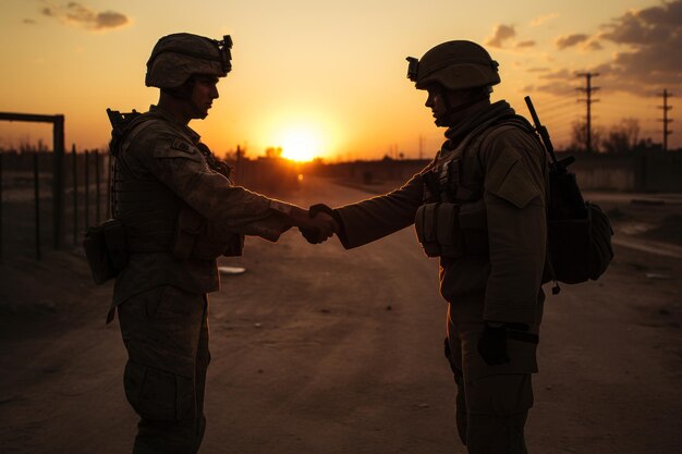 Dwóch żołnierzy uściskających sobie ręce na drodze o zachodzie słońca z słońcem w tle Generatywna sztuczna inteligencja