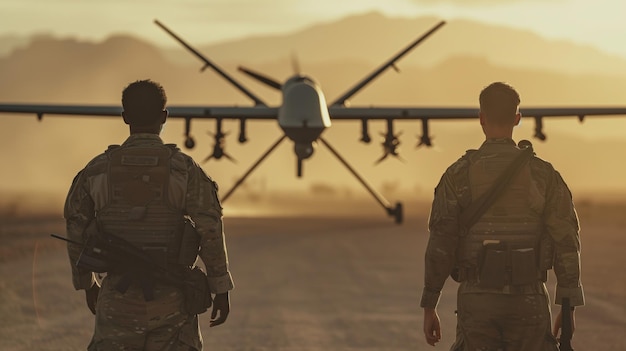 Dwóch żołnierzy z plecami do kamery wystrzeliło pełnowymiarowy wojskowy dron bojowy gotowy do krytycznej misji