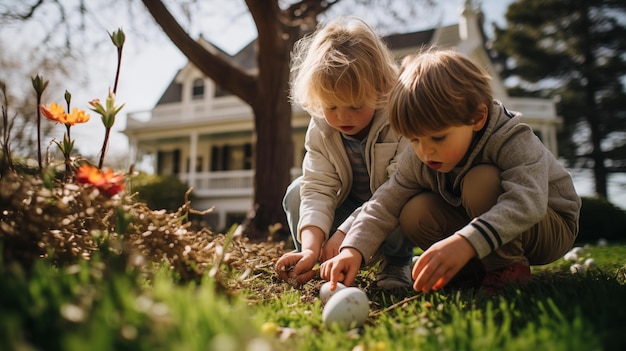 Dwoje białych dzieci zbierających jaja wielkanocne w ogrodzie