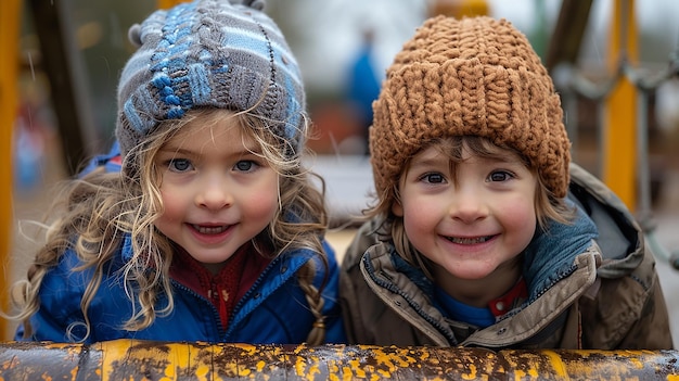 Dwoje dzieci bawi się w pojeździe z brązowym i niebieskim kapeluszem