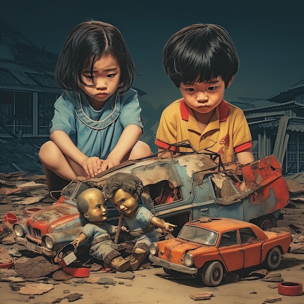 Dwoje dzieci bawiących się z samochodem z zabawkami