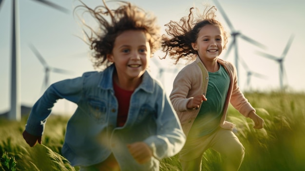 Dwoje dzieci biegnie po polu i bawi się przed turbinami wiatrowymi stworzonymi za pomocą technologii Generative AI