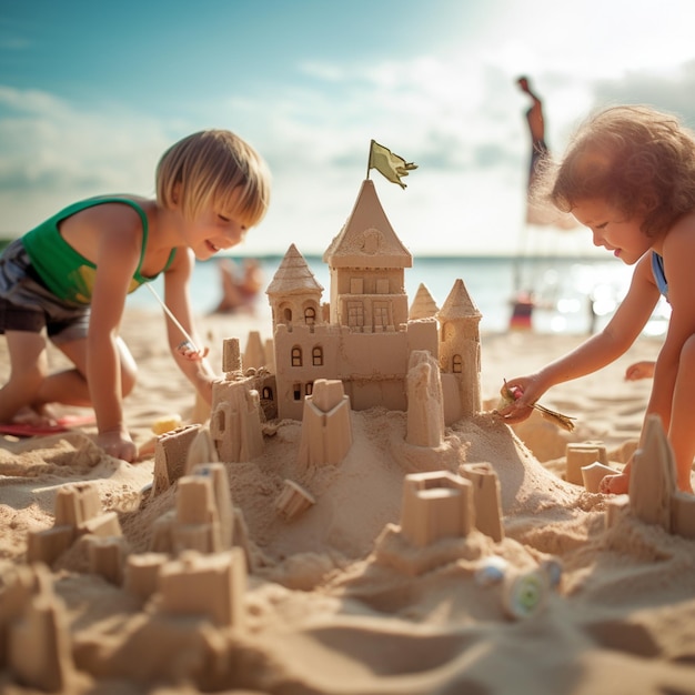 Zdjęcie dwoje dzieci buduje zamek z piasku na plaży.