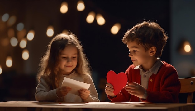 Zdjęcie dwoje dzieci, chłopiec i zakochana dziewczyna, tworzą kartkę walentynkową z sercami, domowe pozdrowienia.
