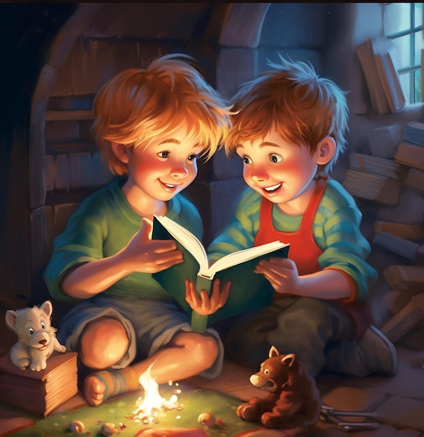 Dwoje dzieci czyta książkę przy kominku