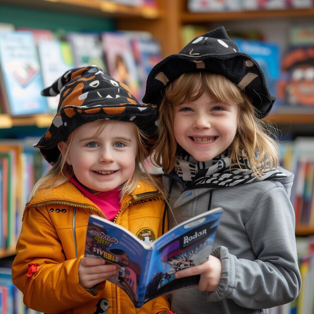 Zdjęcie dwoje dzieci czyta książkę w bibliotece.