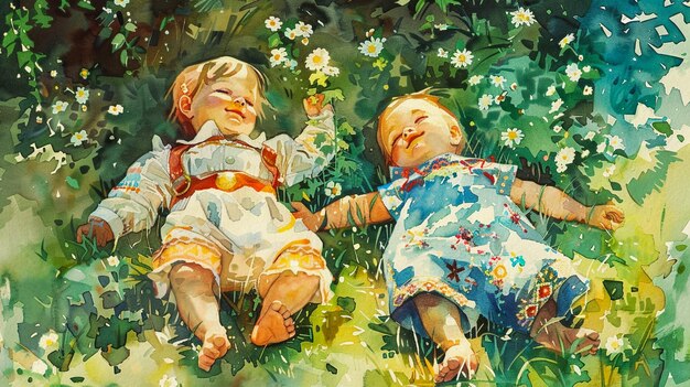 Dwoje dzieci leżących w trawie z kwiatami, a jeden ma kwiat w ręku.