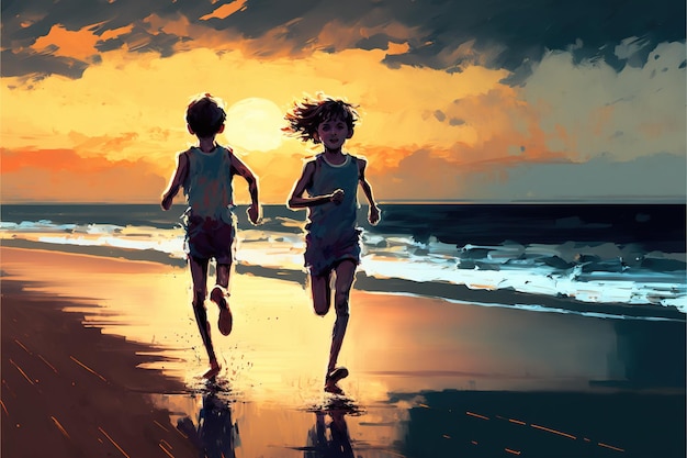 Dwoje dzieci na plaży Chłopiec i dziewczynka biegają po plaży, aby zobaczyć wschód słońca na horyzoncie Malowanie ilustracji w stylu sztuki cyfrowej