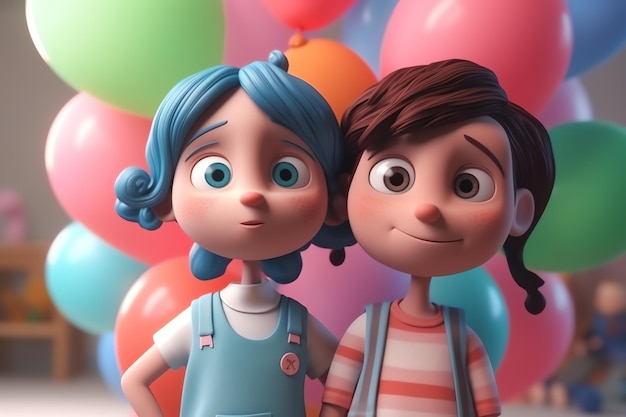 Dwoje dzieci przed balonami, z których jedno ma na sobie niebieską sukienkę i pasiastą koszulę