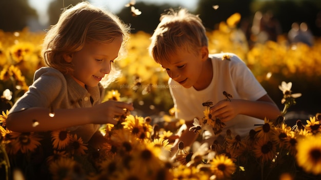 Dwoje dzieci radośnie bawi się na polu słonecznika w słoneczny dzień