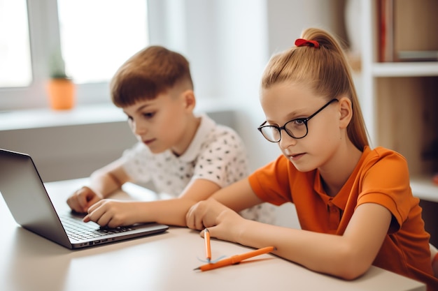 Dwoje dzieci siedzi przy biurku, jedno z nich ma na sobie okulary, a drugie korzysta z laptopa.