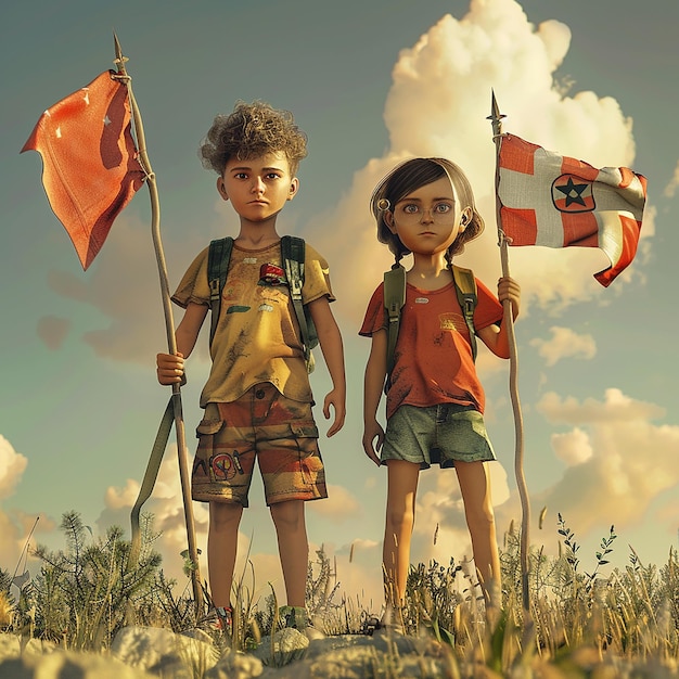 Dwoje dzieci stoi na polu z flagą i dziewczyną z czerwoną i białą flagą