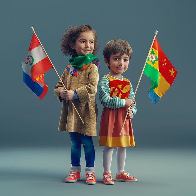 Dwoje dzieci stoi obok małej flagi, na której jest napisane: "Mała dziewczynka trzyma małą flagę".