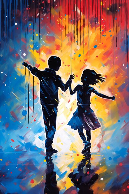 Dwoje dzieci tańczących krople deszczu malują czarne światło księżniczka plakat graffiti sprzedaż serc łopatki wyglądają