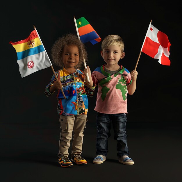 Dwoje dzieci trzymających flagi z jednym z nich trzymającym flagę