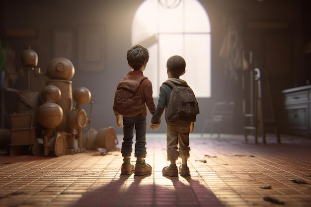 Dwoje dzieci trzymających się za ręce w ciemnym pokoju z rzeźbą w tle.