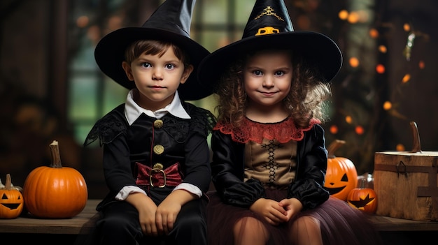 Dwoje dzieci ubranych w kostiumy na Halloween