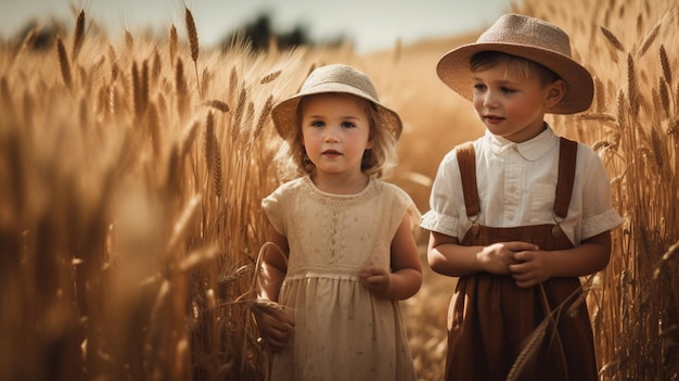 Dwoje dzieci w polu pszenicy