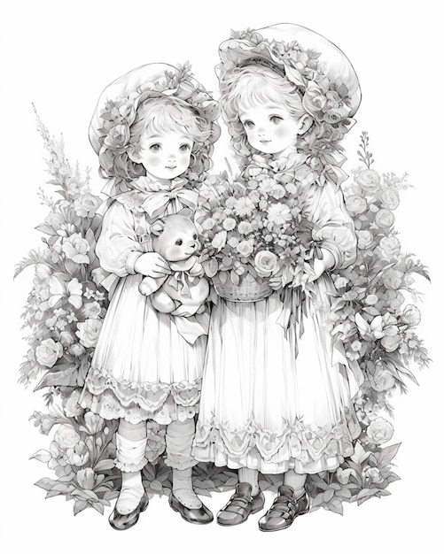 Dwoje dzieci w sukniach i kapeluszach trzymających kwiaty i pluszowe niedźwiedzie generatywne ai