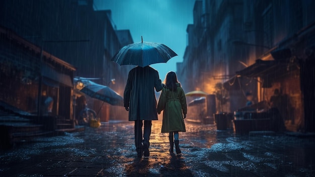 Dwoje ludzi idzie ulicą z parasolami.