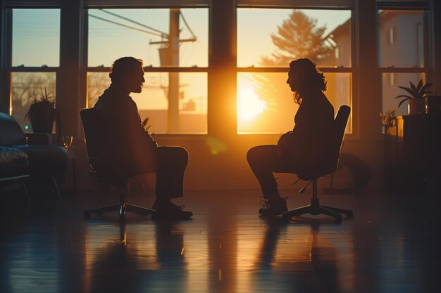 Dwoje ludzi na sesji terapeutycznej w złotym świetle zachodu słońca w przestronnym pokoju.
