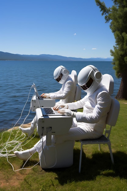 Dwoje ludzi w białych garniturach siedzących na krześle używających laptopa Generative AI