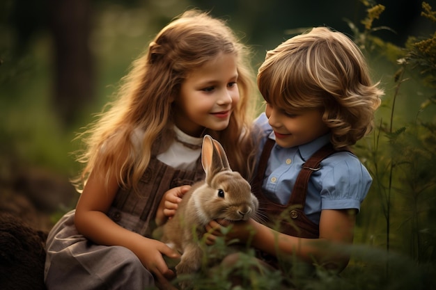 Dwoje małych dzieci bawiących się z królikiem w parku w letni dzień