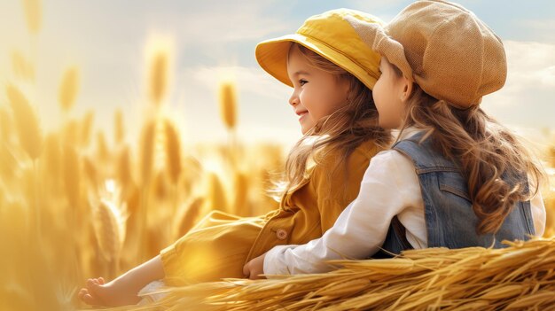 Dwoje małych dzieci siedzących na sianu rozmawiających na słonecznym polu pszenicy