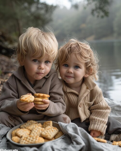 Zdjęcie dwoje małych dzieci siedzi razem na koce z tapetą