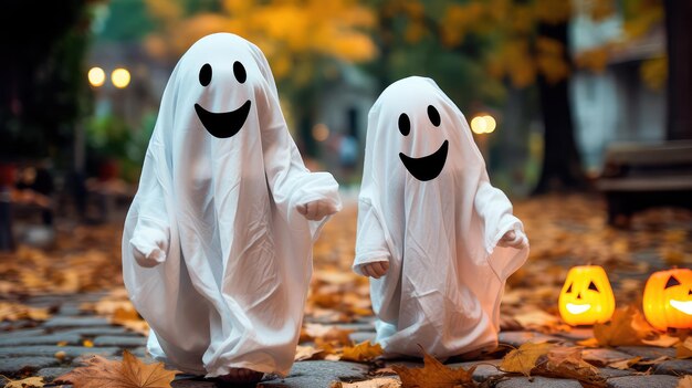 Dwoje małych dzieci w białych kostiumach świętuje Halloween Koncepcja kostiumu ducha na Halloween Generatywna sztuczna inteligencja