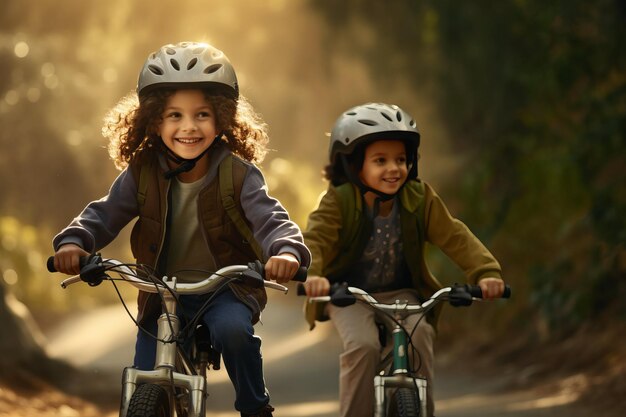 Zdjęcie dwoje radosnych dzieci w hełmach jeżdżących rowerami po oświetlonej ścieżce leśnej, pokazując szczęście dzieciństwa i aktywność na świeżym powietrzu