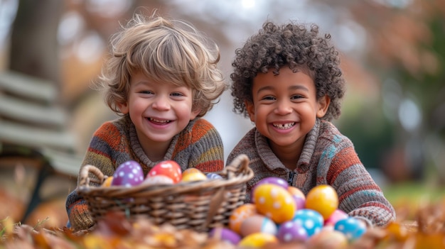 Dwoje radosnych dzieci z koszem kolorowych jaj wielkanocnych w parku jesienią