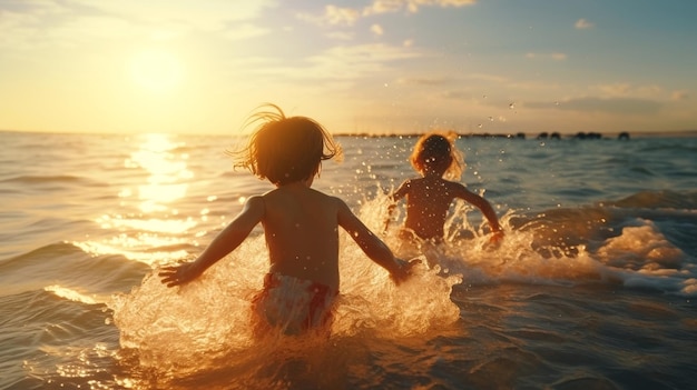 Dwoje szczęśliwych dzieci małych chłopców na zachodzie słońca biegną i bawią się na plaży i w wodzie morskiej