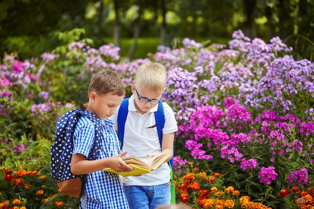 Dwoje uroczych dzieci w wieku szkolnym sprawdza pracę domową w parku w pobliżu szkoły.
