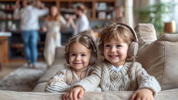 Dwoje wesołych dzieci siedzi na kanapie z słuchawkami na tle ich rodziców imprezy