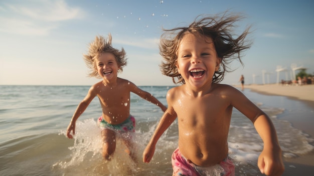 Dwoje wesołych małych dzieciaków bawiących się na plaży wygenerowanej przez sztuczną inteligencję