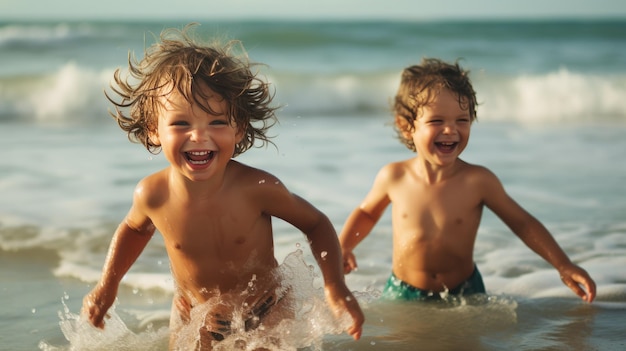 Dwoje wesołych małych dzieciaków bawiących się na plaży wygenerowanej przez sztuczną inteligencję