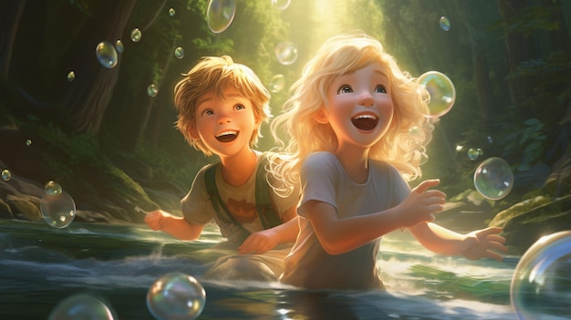 dwójka dzieci bawiących się w wodzie z bąbelkami
