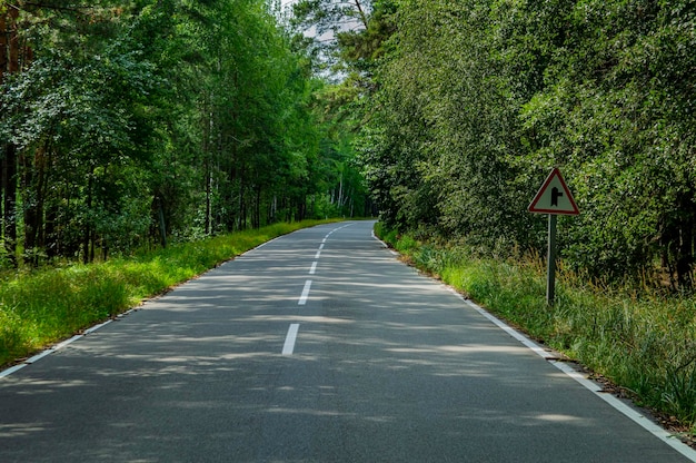 Dwupasmowa droga asfaltowa z białymi oznaczeniami w lesie