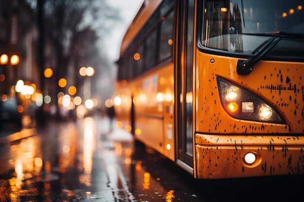 dwupiętrowy autobus na deszczowej ulicy Bokeh