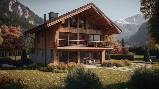 Dwupiętrowy drewniany dom z dwuspadowym dachem w górach Koncepcja architektury wygenerowana 3d