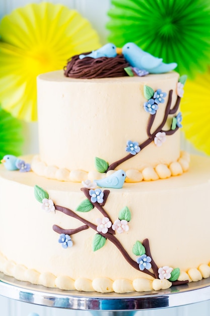 Dwuwarstwowy tort Gourmet Spring z niebieskimi ptakami i wiosennymi kwiatami.