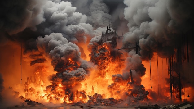 dym i fizyczna struktura eksplodują, powodując ogniste zniszczenie