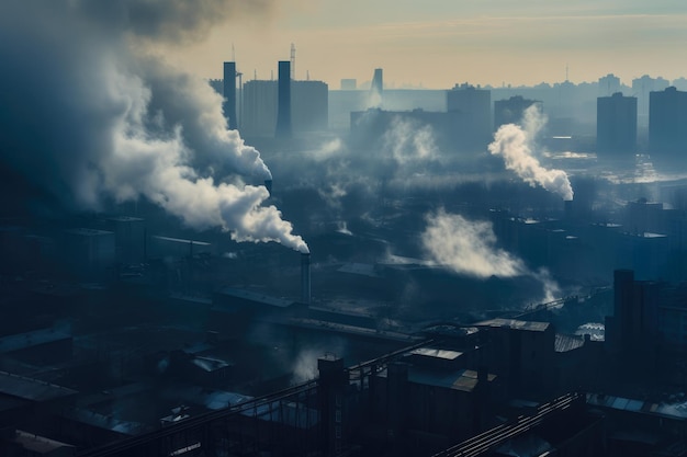 Dym kłębiący się z kominów fabrycznych w dystopijnym krajobrazie przemysłowym z zanieczyszczoną wodą