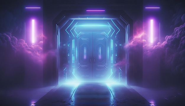 Dym Mgła Futurystyczny Hall Korytarz z Neonowym Laserem Led Niebieski Fioletowy Świecący Tunel Odbicie Metalowe Generative ai