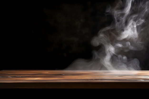 Dym na drewnianym stole na czarnym tle Zdjęcie wysokiej jakości