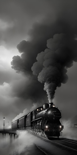 Dym z komina przyjeżdżającego pociągu parowego