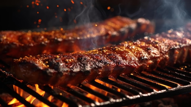 Dymne żebra szczypią nad otwartym płomieniem na grillu