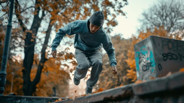 Dynamic Urban Freerunning Skateboarder Riding Ramp w parku